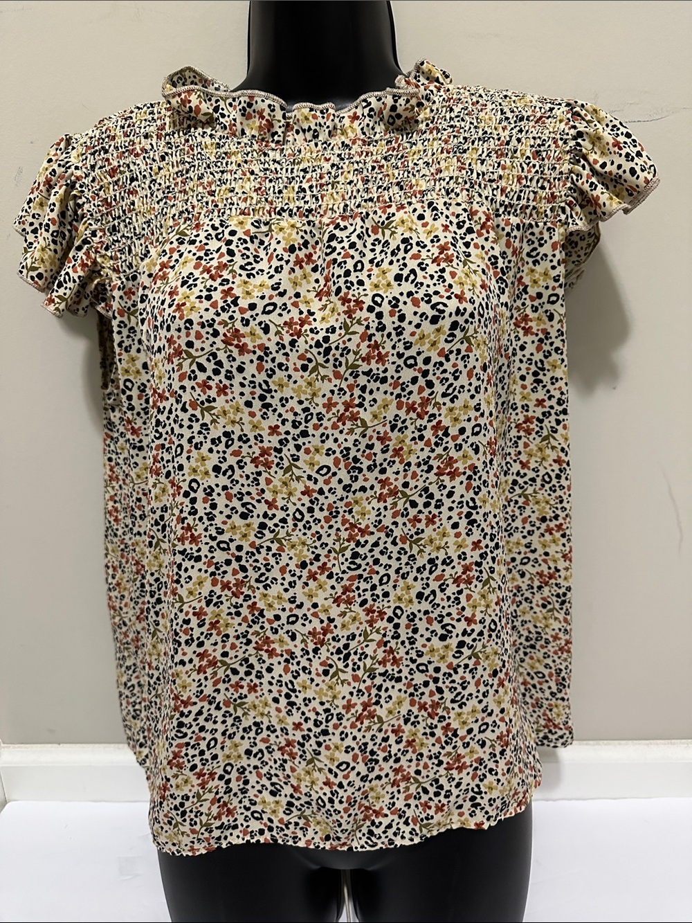 Made With Love Smocked Ruffle Neck Floral Blouse S